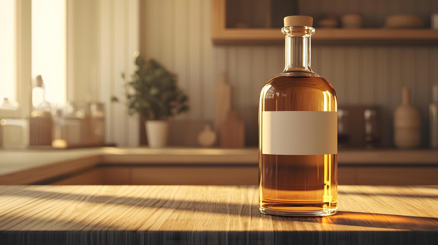 Amber Liquid in Glass Bottle on Kitchen Counter Sunlit Wooden Surface photo