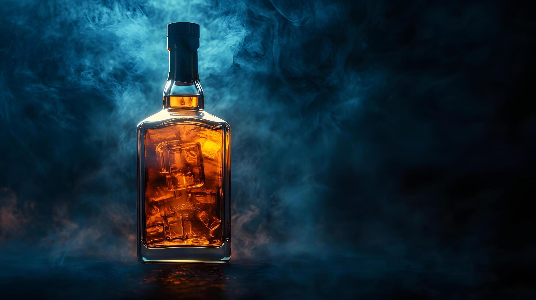 Whiskey Bottle with Ice Cubes on Dark Background Smoky Atmosphere Liquor Concept photo