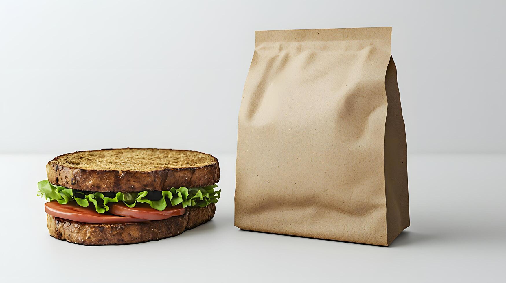Delicious Whole Wheat Sandwich with Lettuce and Tomato next to a Kraft Paper Bag photo