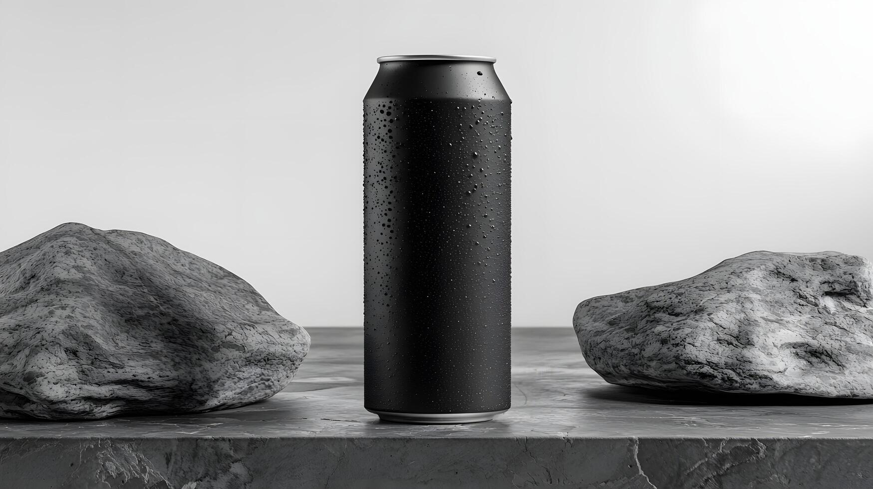 Black Beverage Can Mockup with Rocks Minimalist Product Photography Studio Shot photo