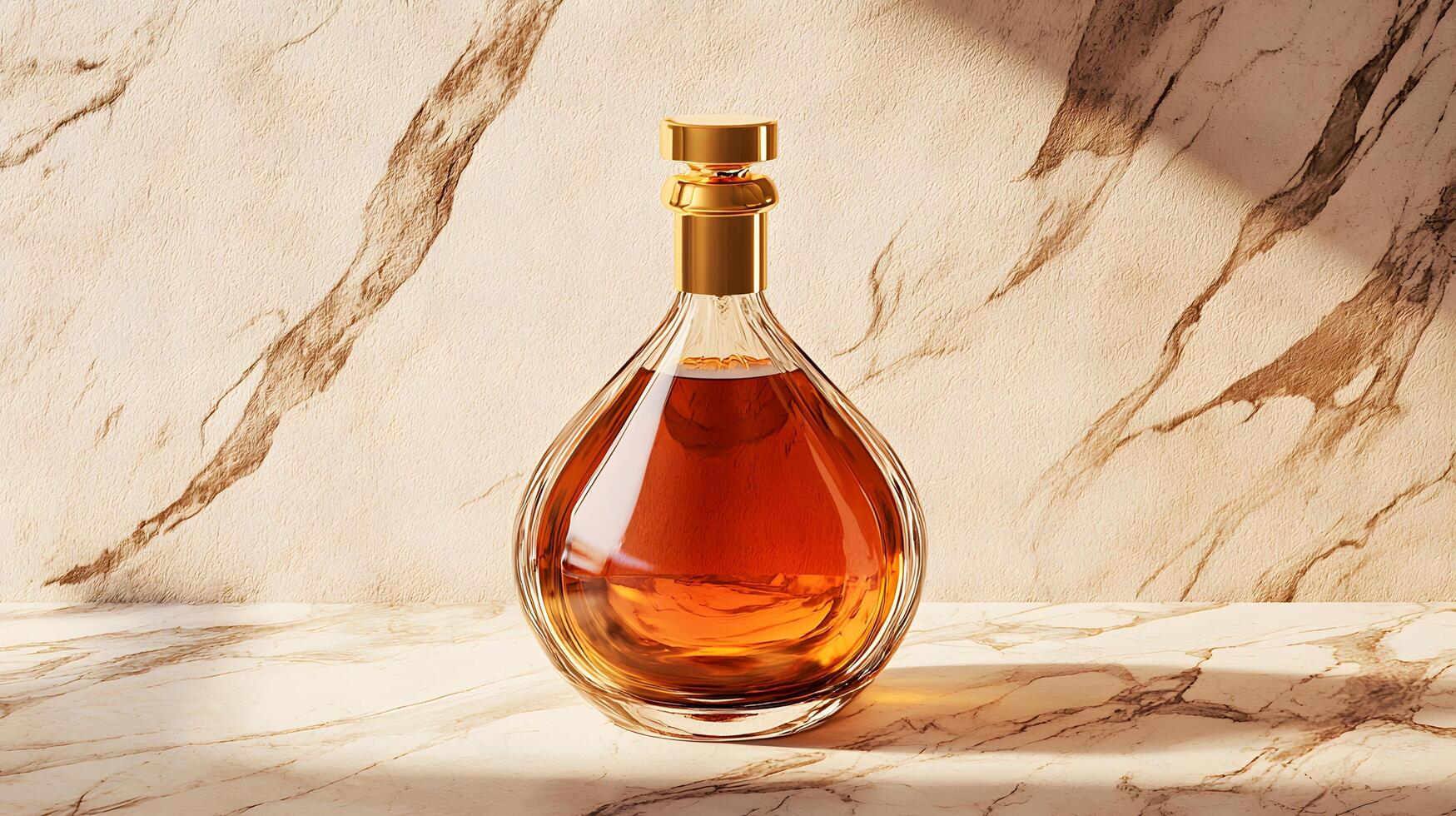 Elegant Cognac Brandy Bottle on Marble Surface Luxury Alcohol Drink Golden Cap photo