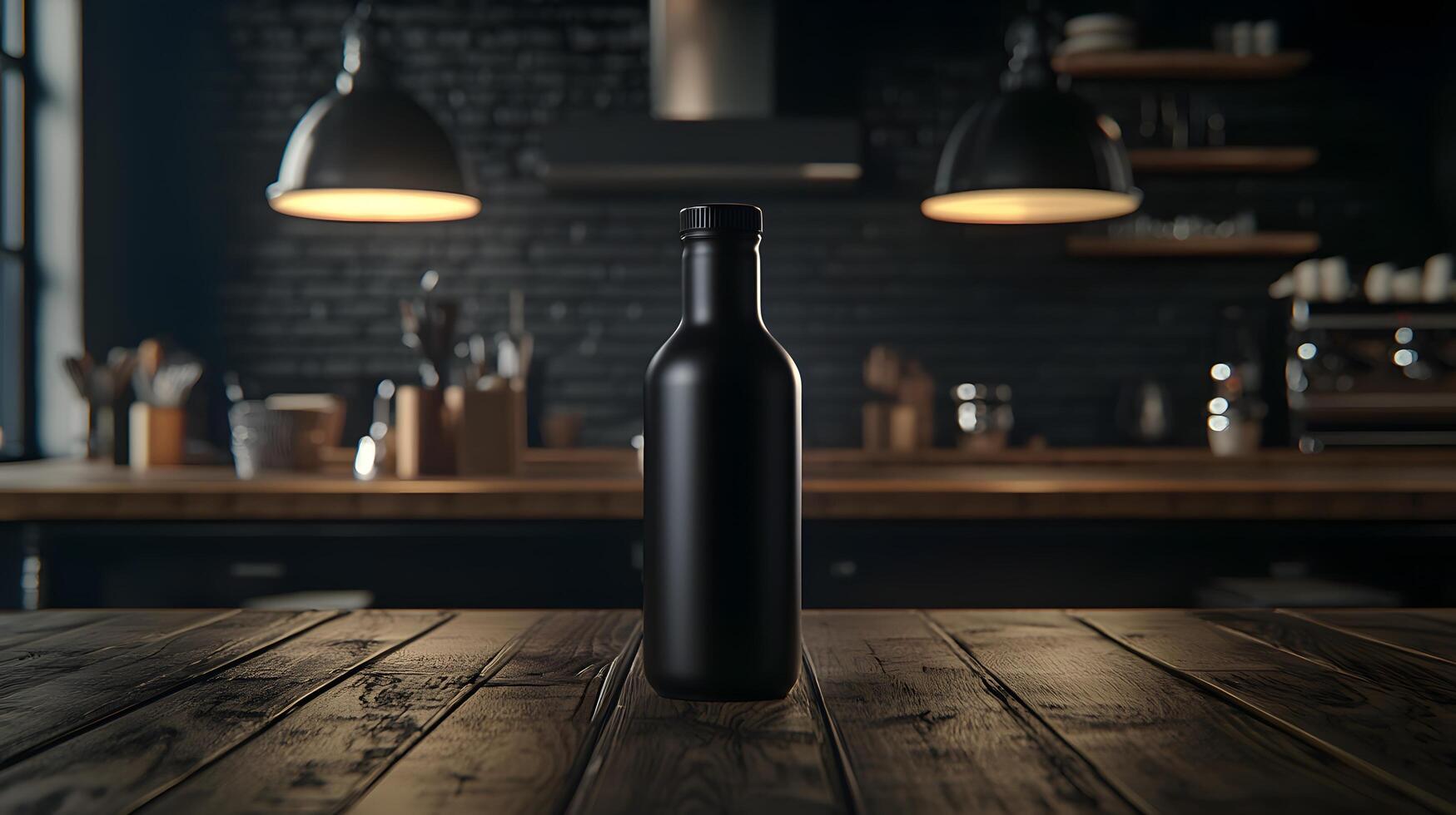 Black Matte Bottle Mockup on Rustic Wooden Table in Dark Kitchen Setting photo