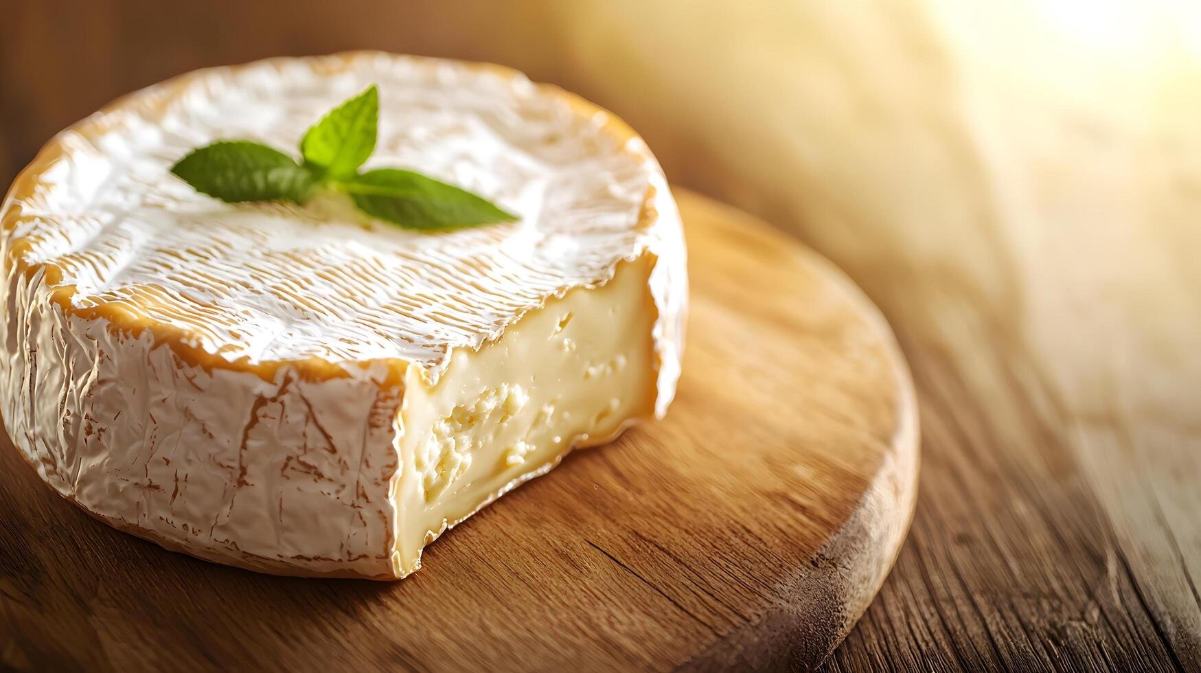 Delicious Creamy Camembert Cheese on Rustic Wooden Board with Fresh Herbs photo