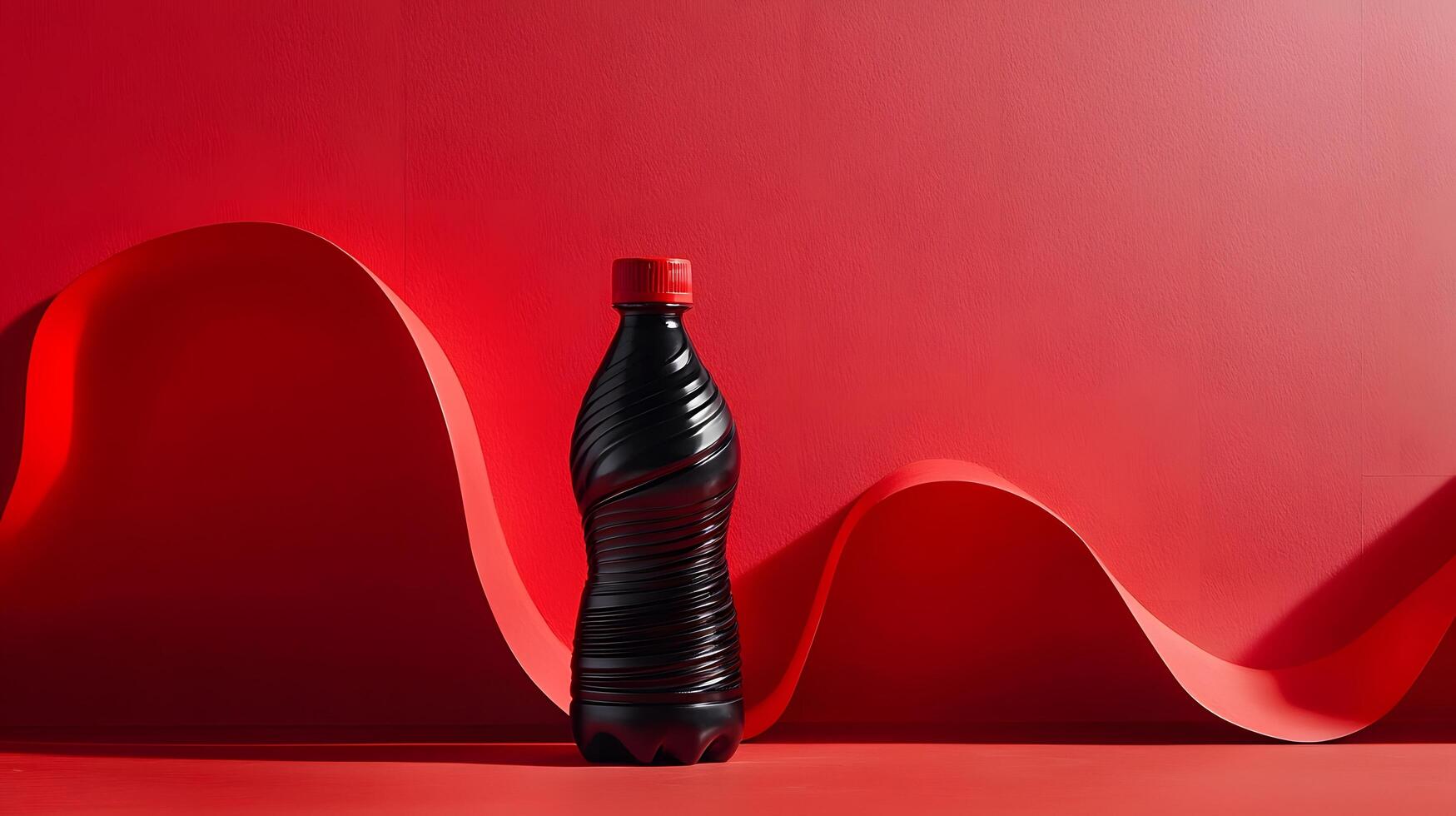 Stylish Black Plastic Bottle with Red Cap on Red Wavy Background photo