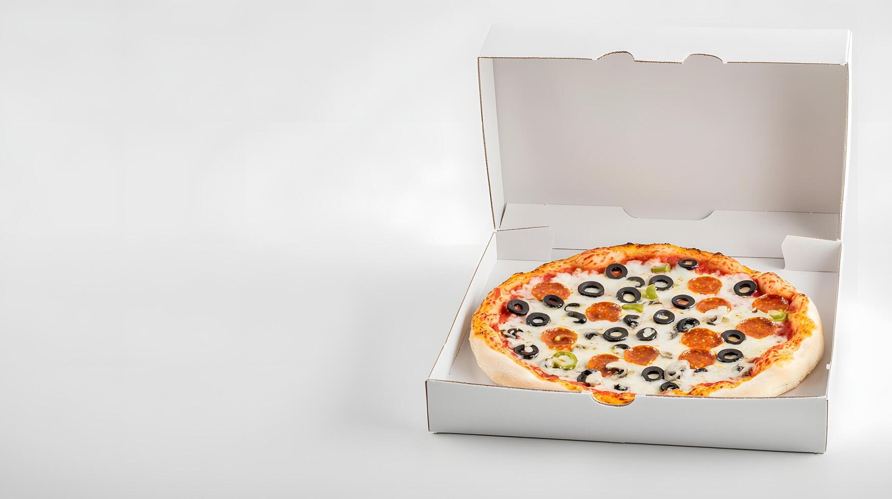 Delicious Pepperoni Olives and Green Pepper Pizza in a White Box photo