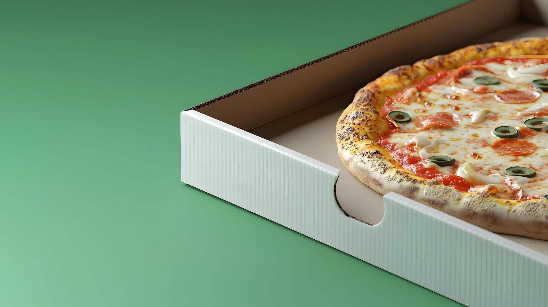 Delicious Pepperoni Pizza in Cardboard Box Green Background Food Photography photo