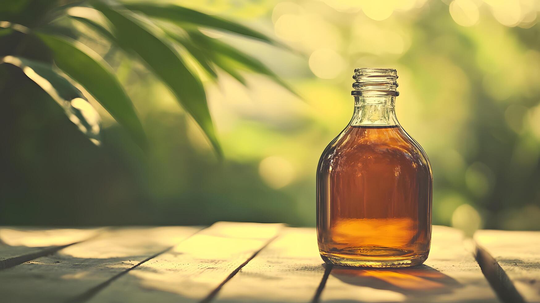 Amber Liquid in Glass Bottle on Wooden Table Outdoors Natural Light Botanical Background photo
