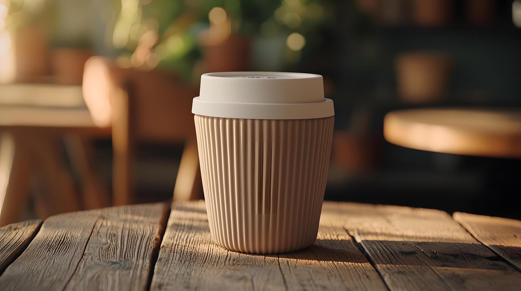 Reusable Coffee Cup on Rustic Wooden Table in Cafe Setting Sustainable Lifestyle photo