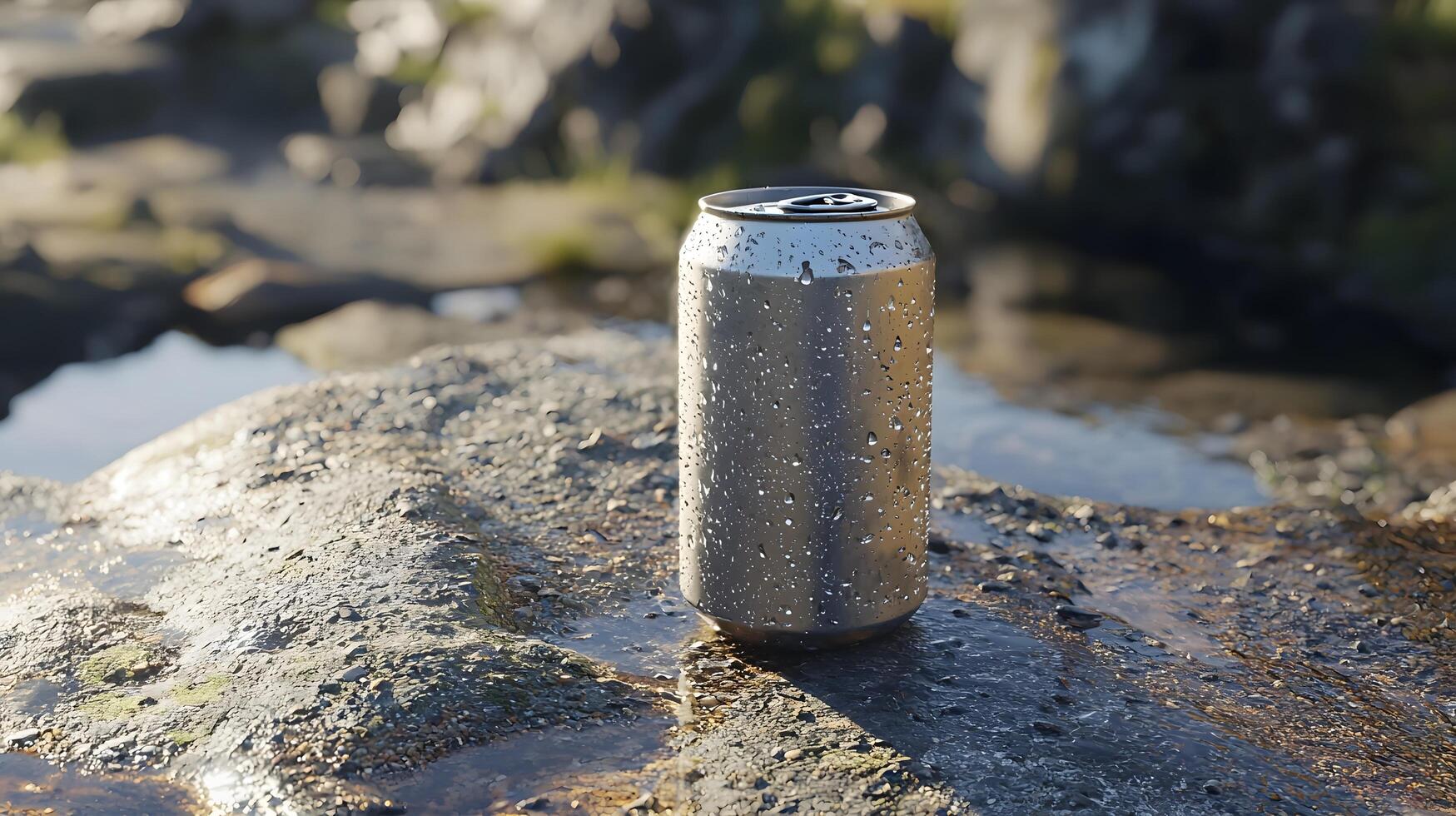 Refreshing Aluminum Can with Water Droplets on Rock near Creek photo