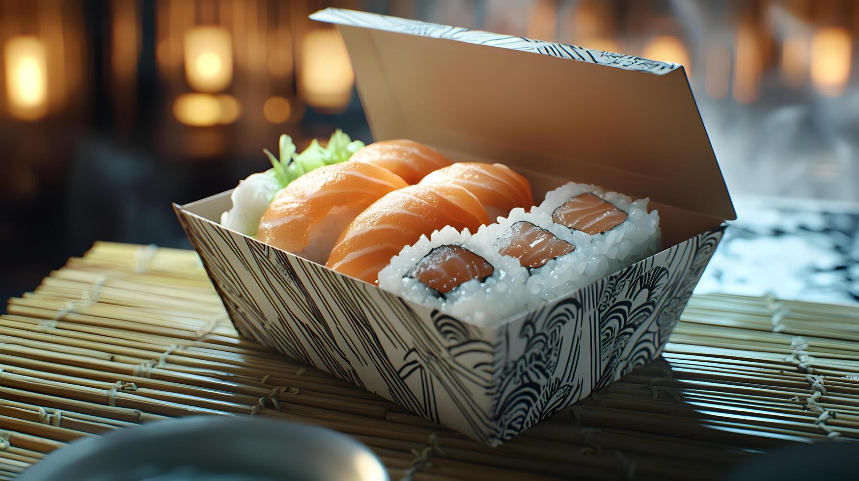 Delicious Salmon Sushi and Maki in Elegant Takeout Box on Bamboo Mat photo