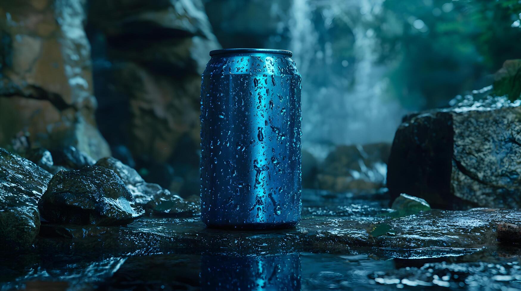 Refreshing Blue Aluminum Can by Waterfall Rocks Nature Scene photo