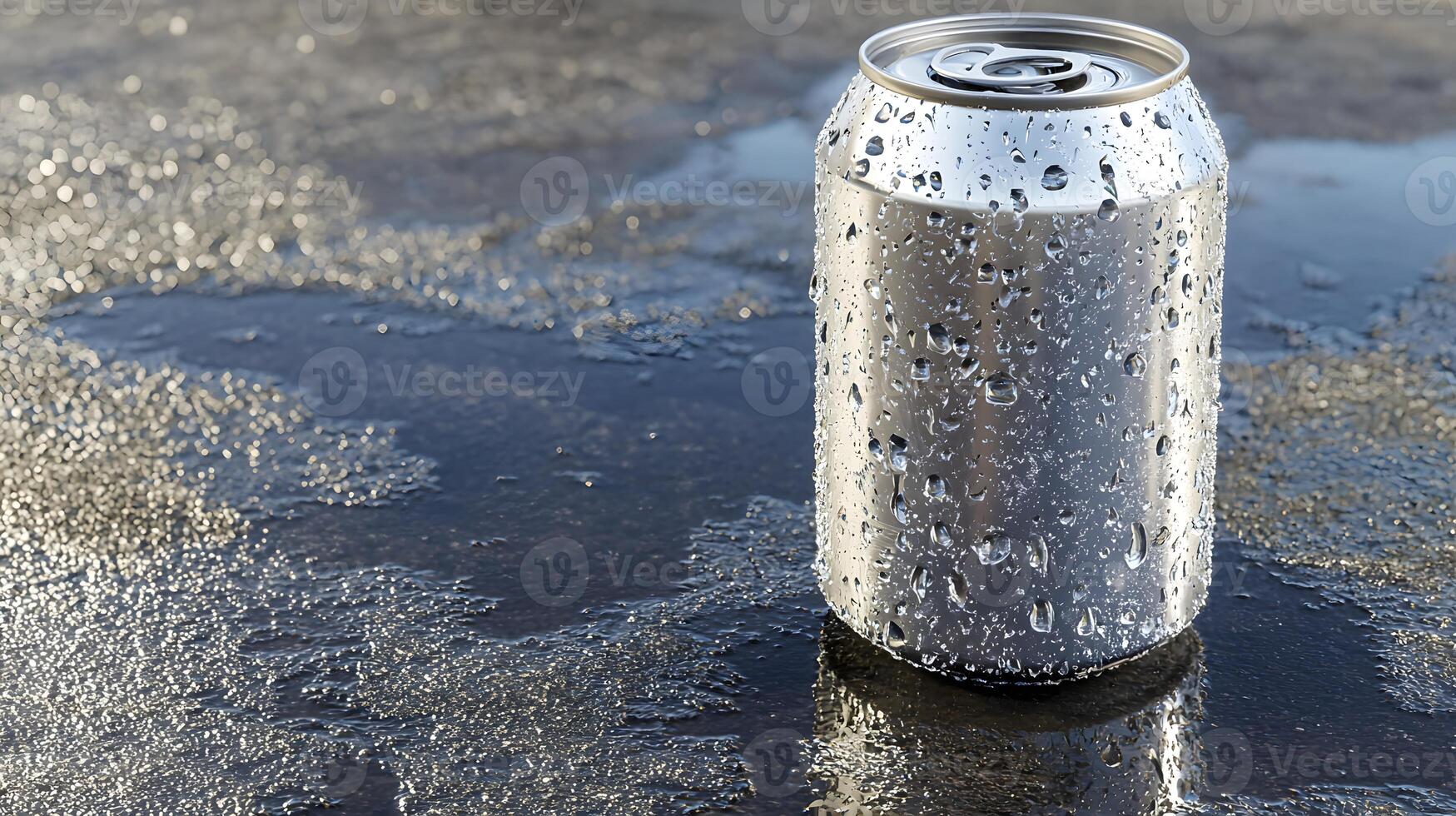 Cold Aluminum Soda Can with Water Droplets on Wet Surface photo