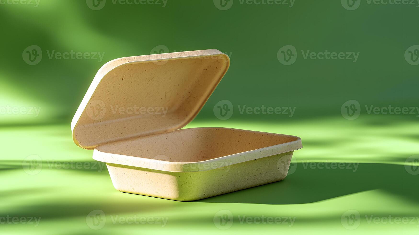 Eco Friendly Disposable Food Container Sustainable Packaging Open Cardboard Box Green Background photo