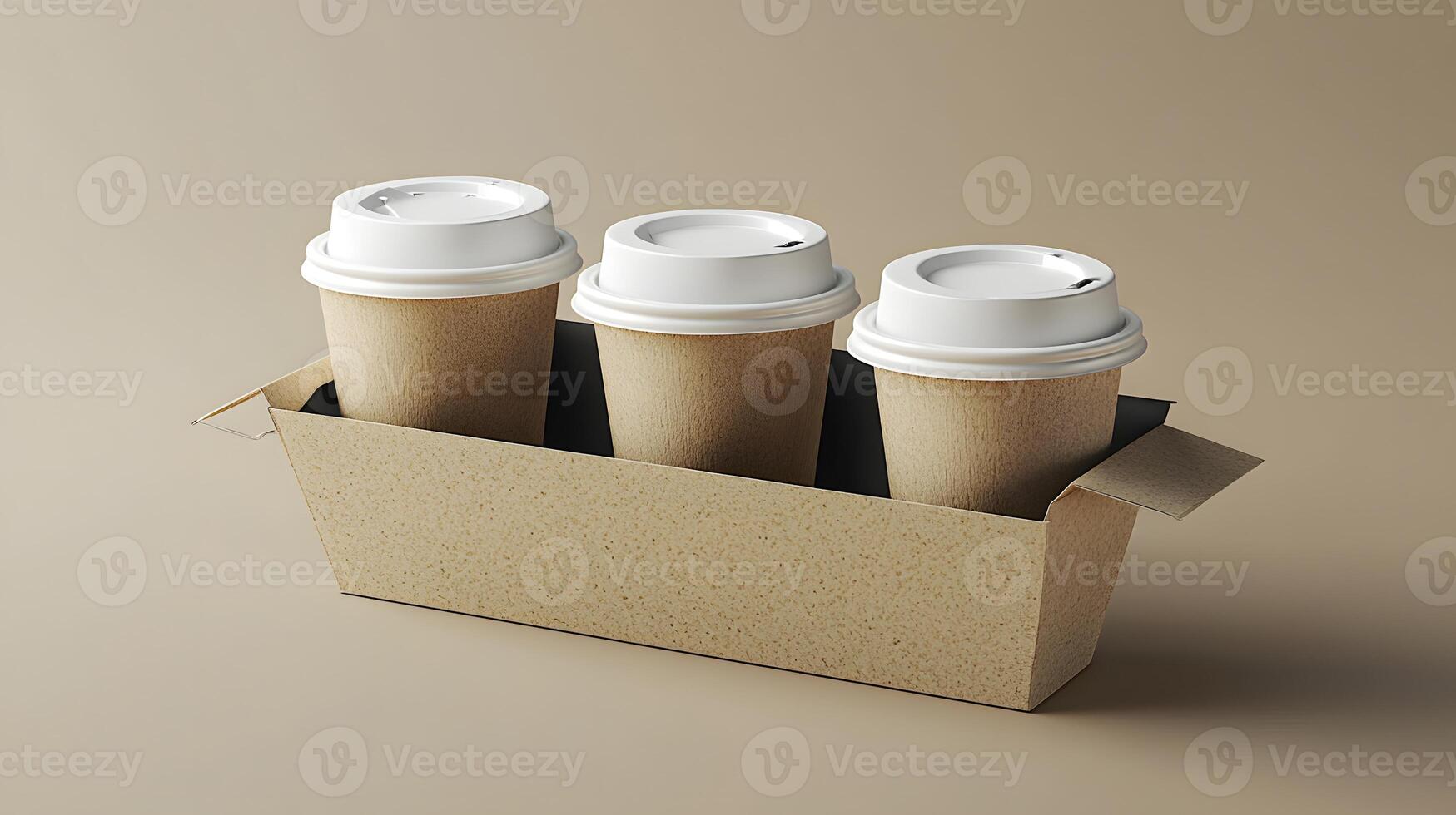 Three Cardboard Coffee Cups with Lids in a Sustainable Takeaway Container photo
