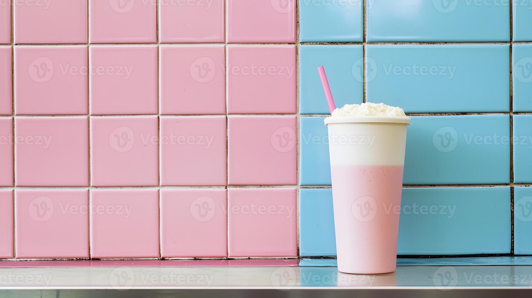 Pink and Blue Tile Background with Strawberry Milkshake and Whipped Cream photo