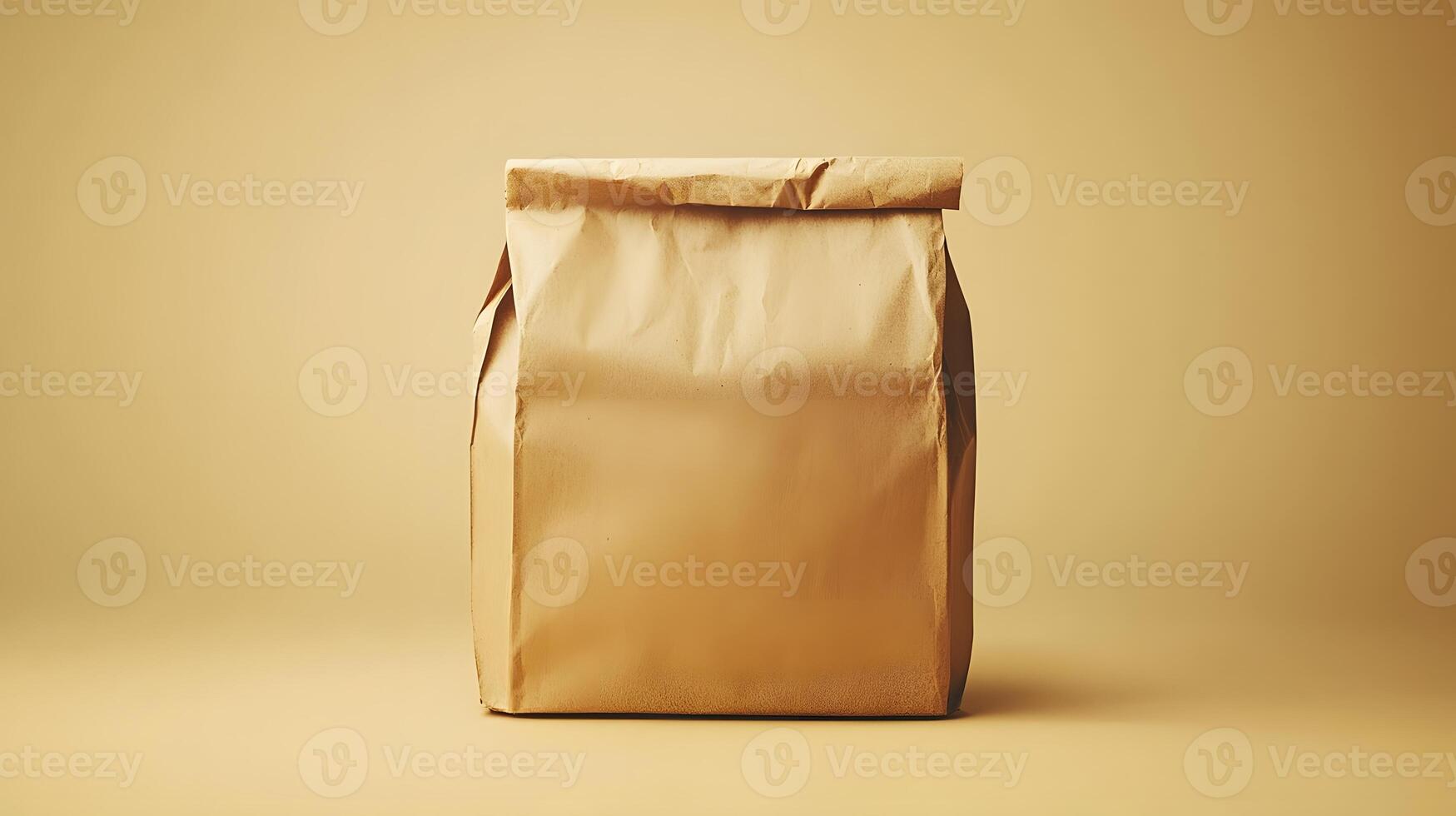 Simple Kraft Paper Bag Mockup Empty Brown Package Studio Shot on Beige Background photo