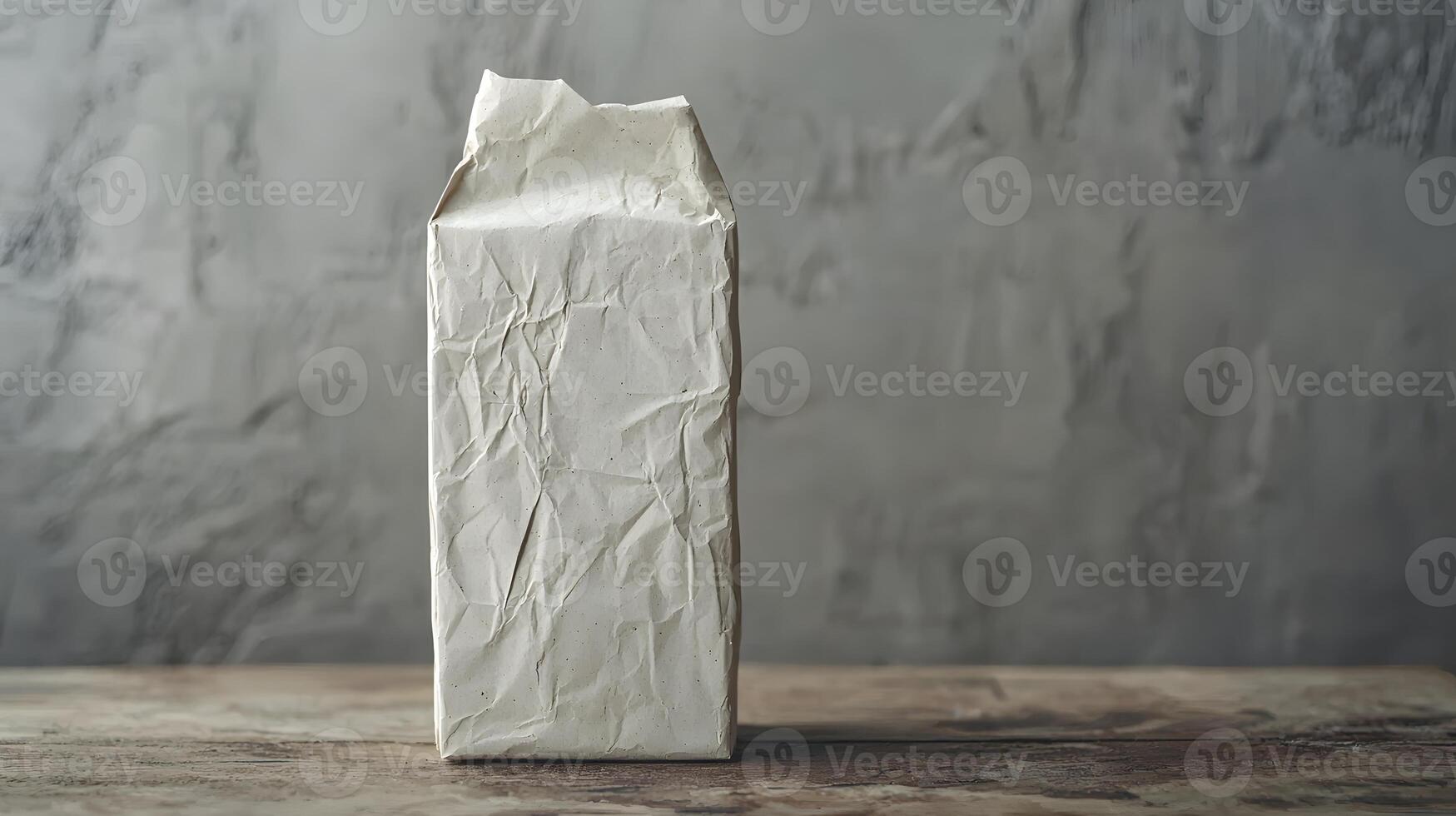 Crumpled Paper Package Mockup Rustic Wooden Table Gray Background photo