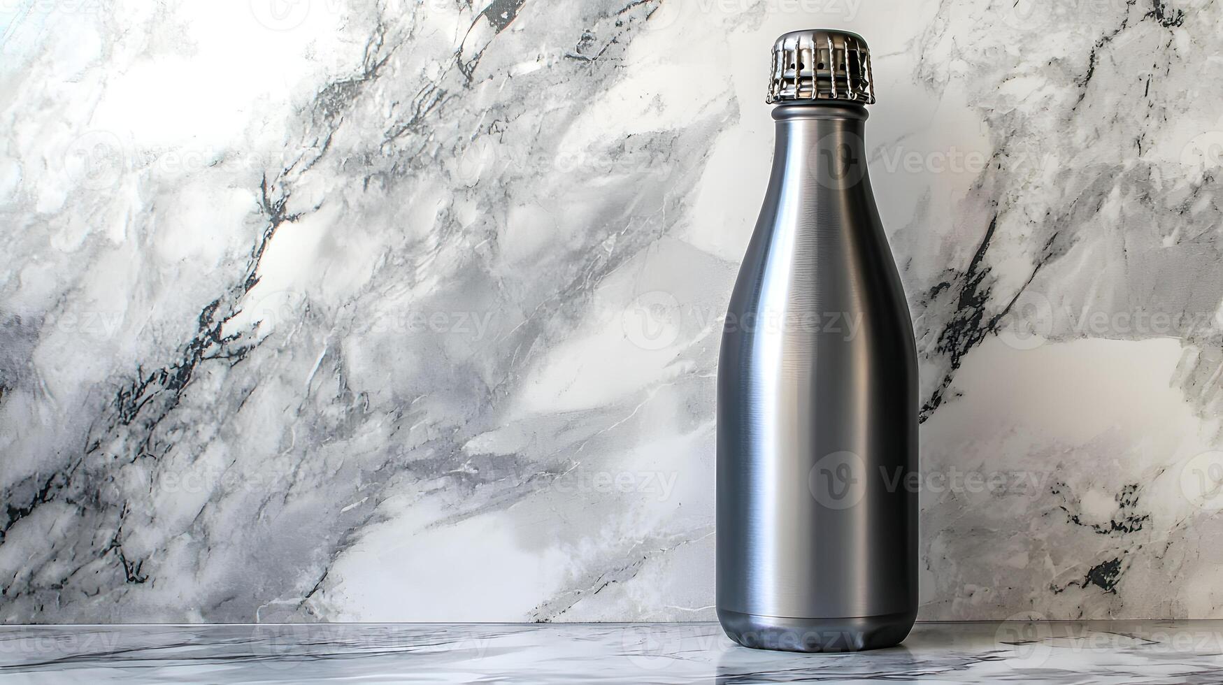 Elegant Brushed Metal Bottle Mockup on Marble Background Sparkling Beverage Container photo