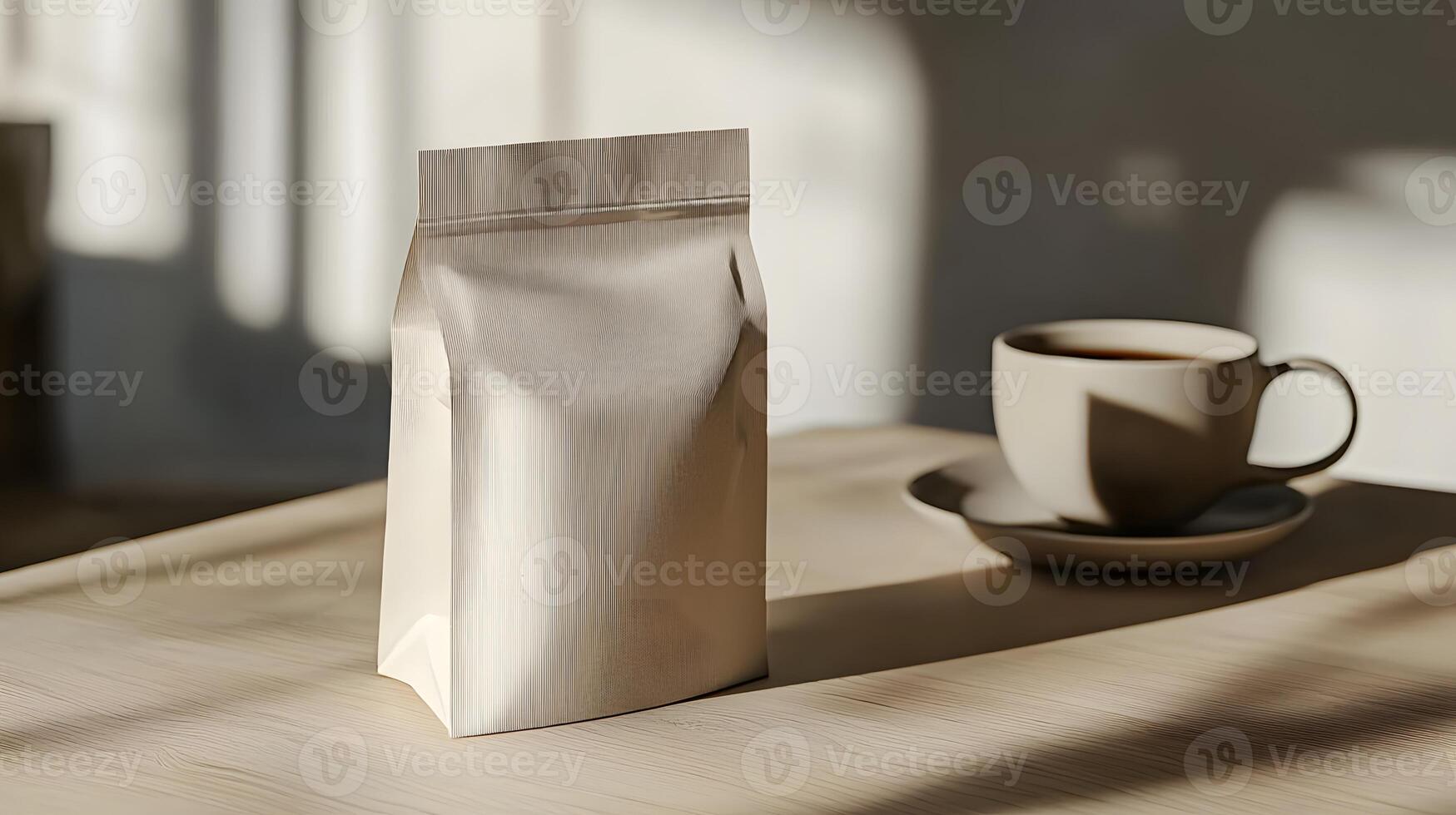 Beige Stand Up Pouch Mockup with Coffee Cup on Wooden Table in Sunlight photo