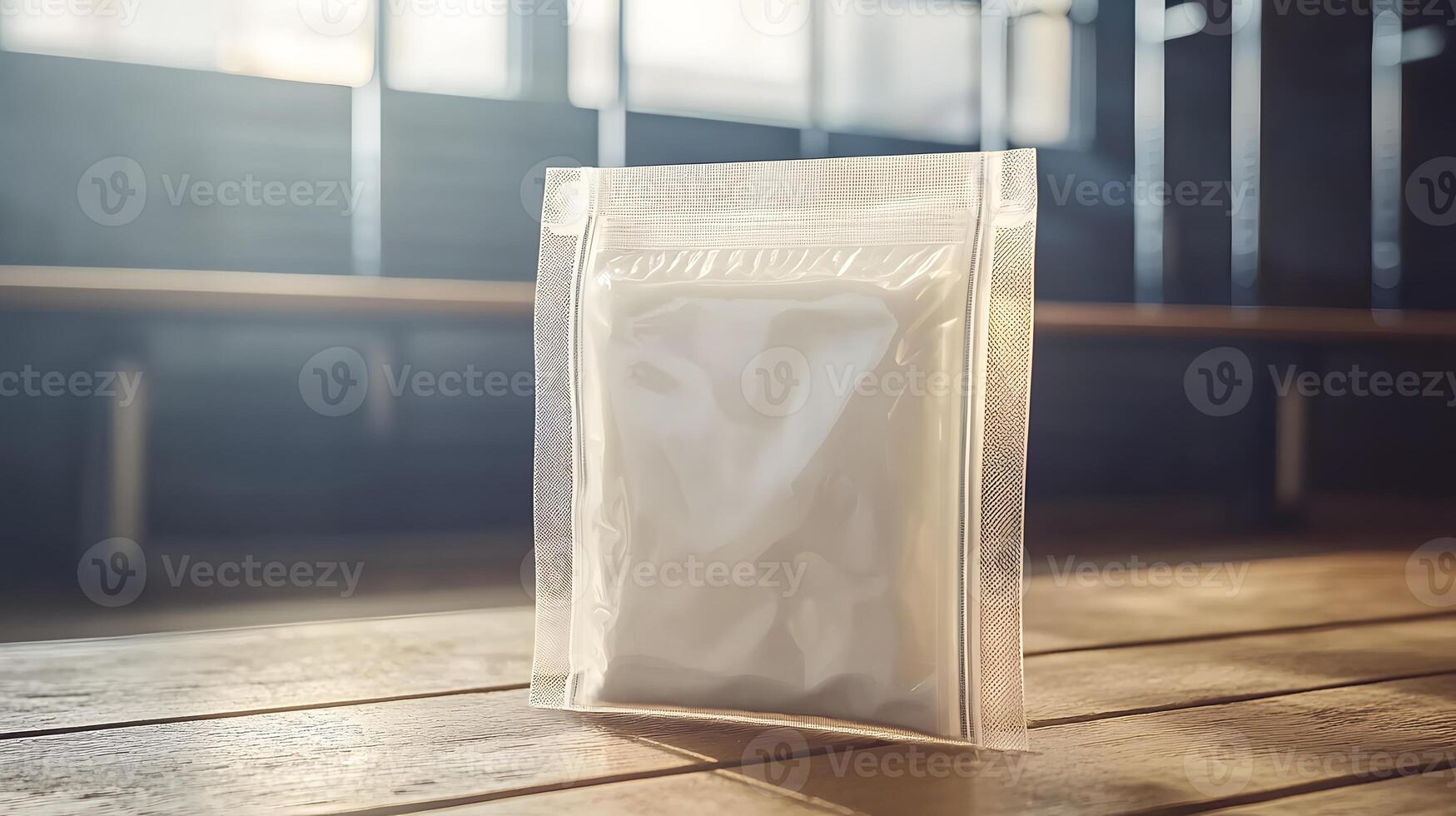 Blank White Stand Up Pouch on Wooden Table Packaging Mockup Product Display photo
