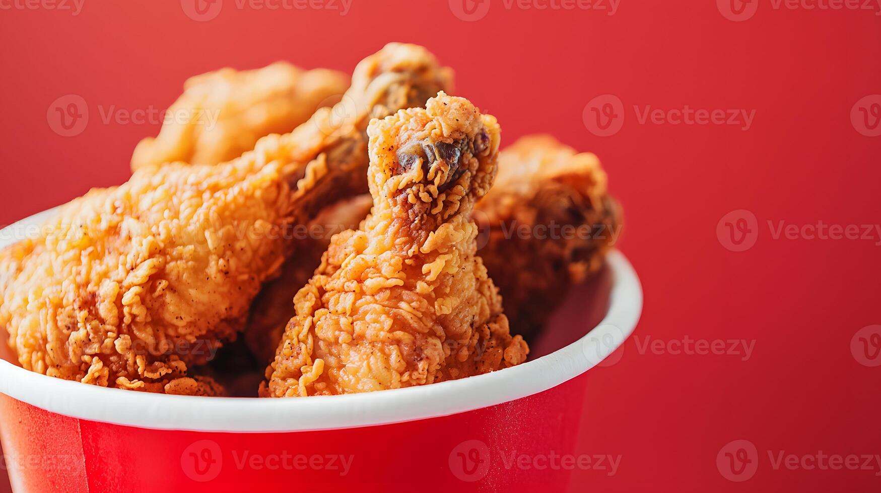 Crispy Fried Chicken Drumsticks in Red Bucket Close Up Food Photography photo