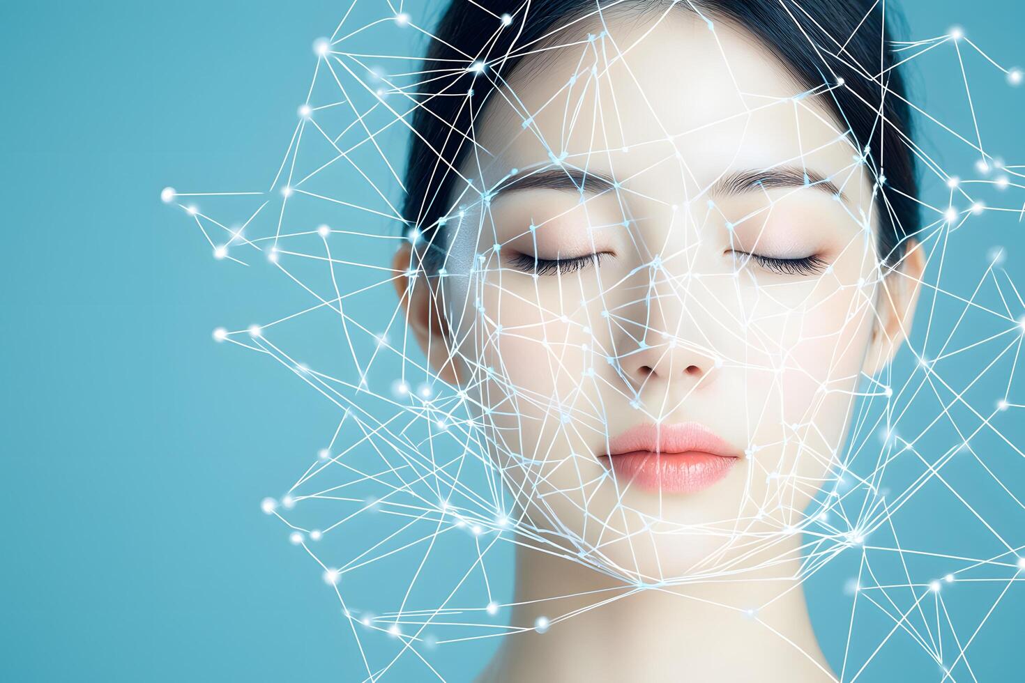 Serene Woman s Face with Futuristic Network Overlay Technology and Beauty Concept photo