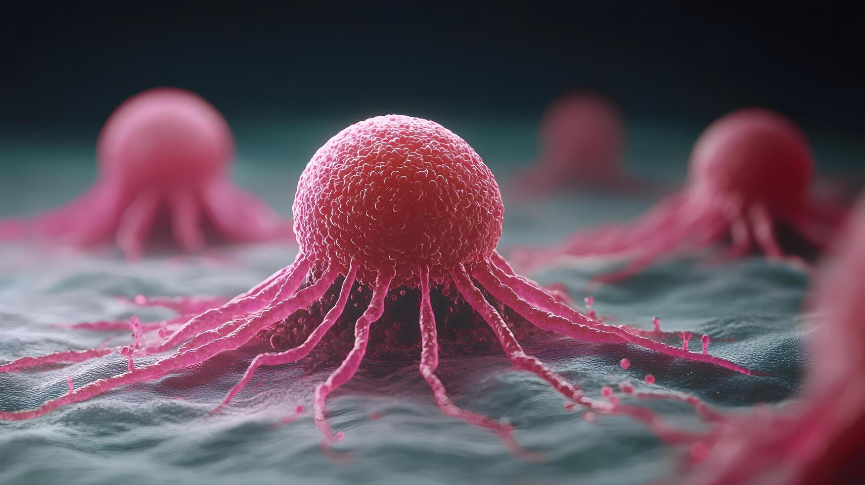 Microscopic View of Cancer Cells Pink Invasive Tumor Cells Spreading Medical Research photo