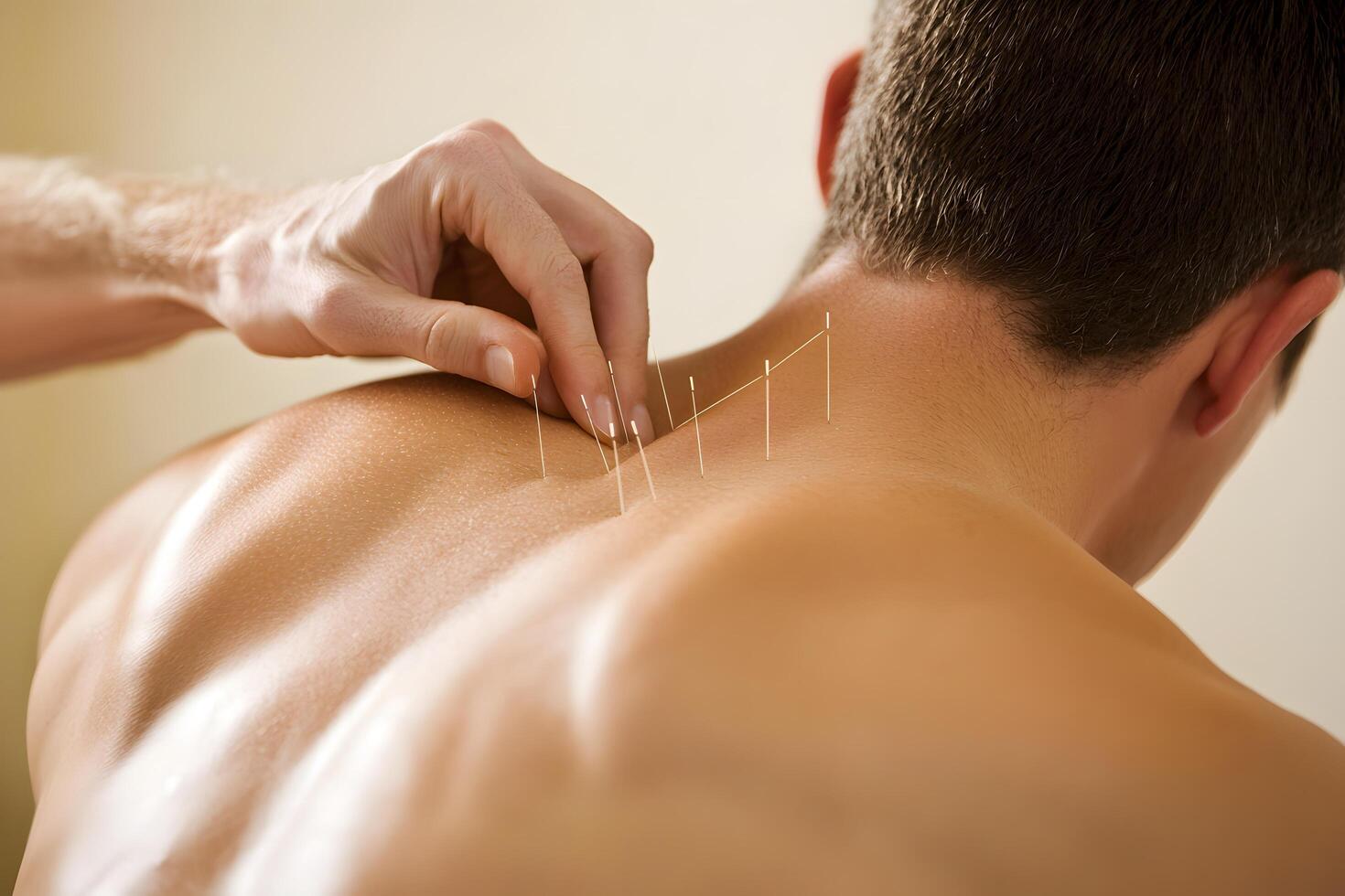 Acupuncture Treatment Man Receiving Needles in Upper Back and Neck for Pain Relief photo