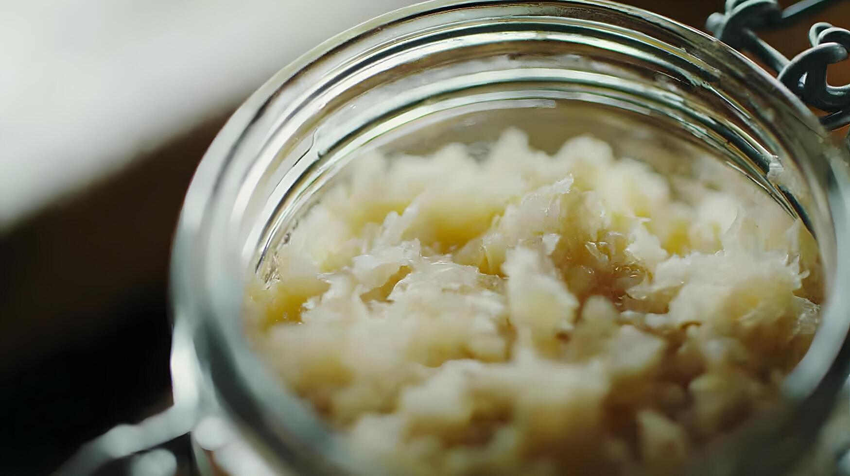 Close up of Fermented Cabbage in Glass Jar Healthy Probiotic Food Sauerkraut photo