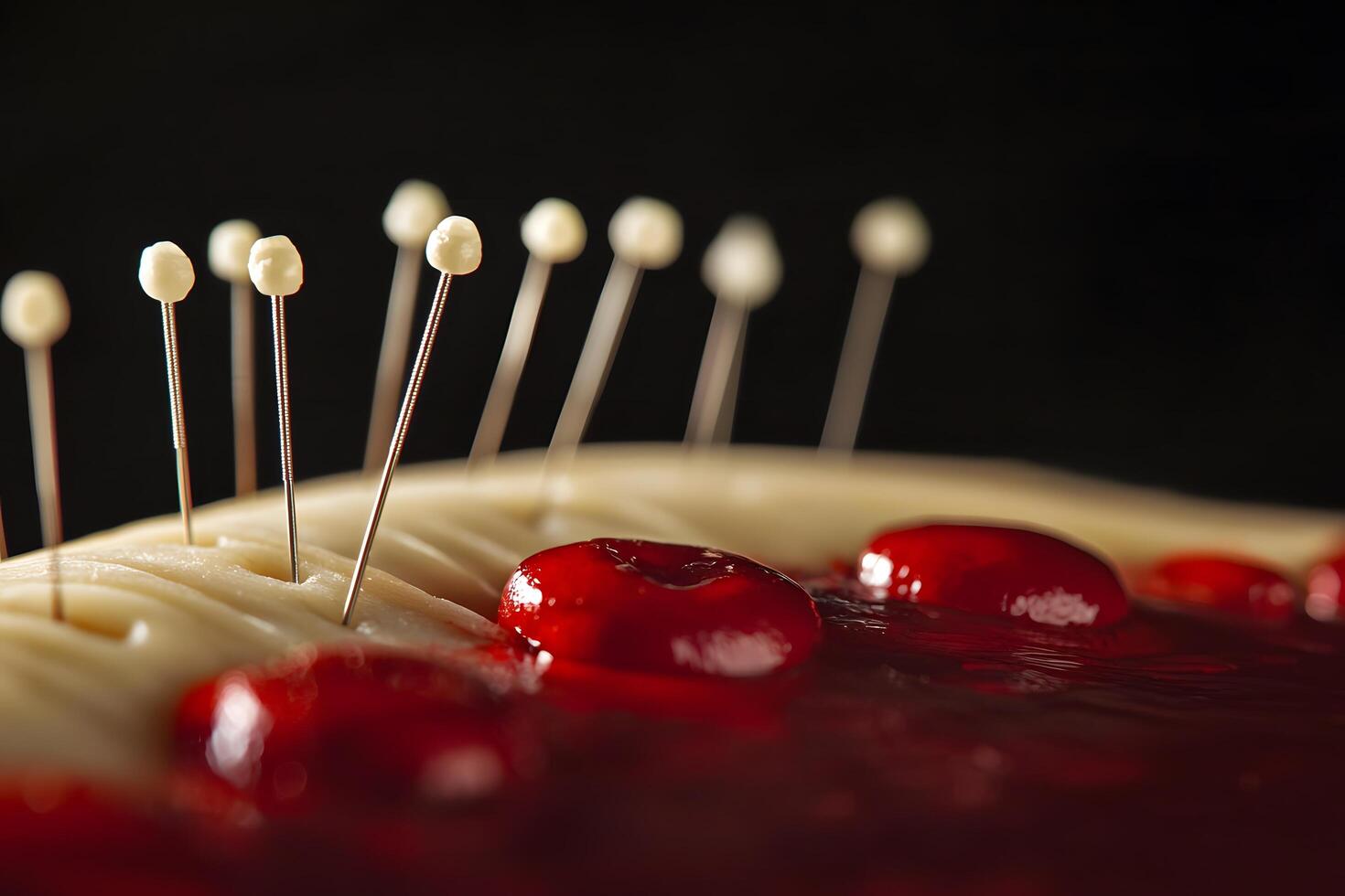 Close up of Pins Puncturing a Creamy Surface with Red Glaze Abstract Texture photo