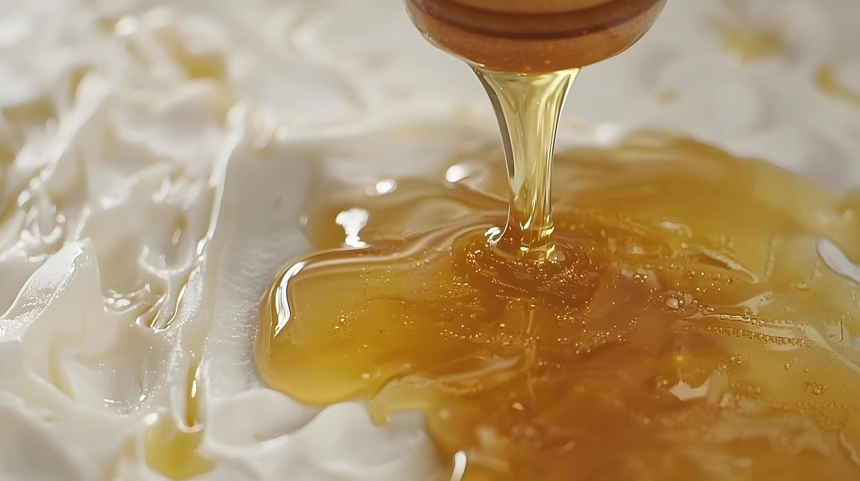 Golden Honey Drizzling on Creamy White Dessert Close up Texture Shot photo