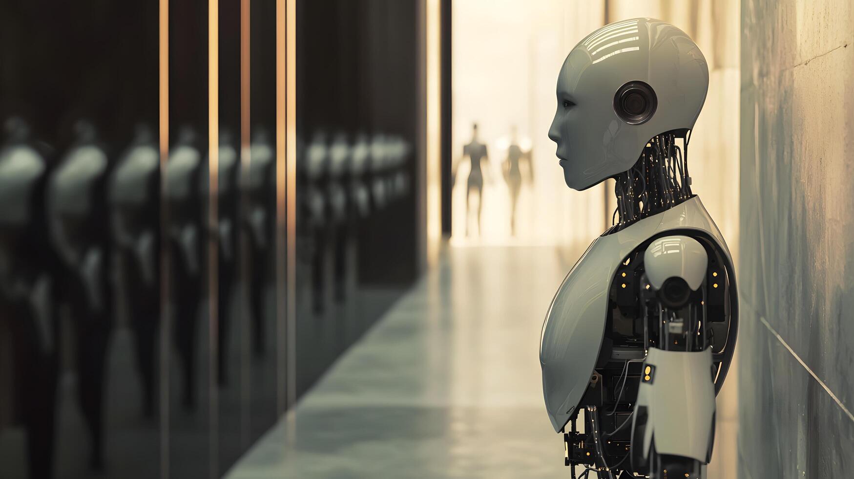 Futuristic Humanoid Robot Standing in Modern Corridor AI Technology Concept photo