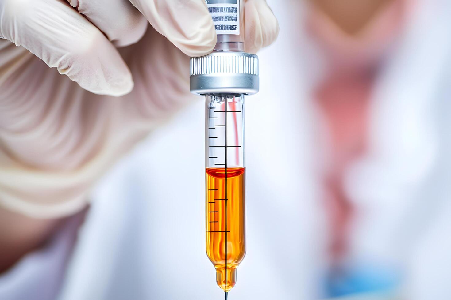 Gloved Hand Holding Amber Liquid Sample Vial Medical Research Science Lab photo