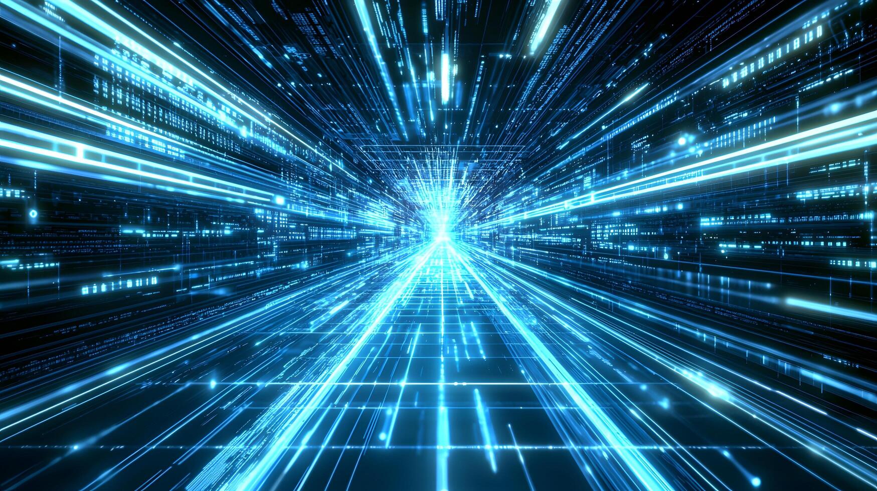 Futuristic Digital Highway Abstract Blue Data Stream High Tech Tunnel of Light and Code photo