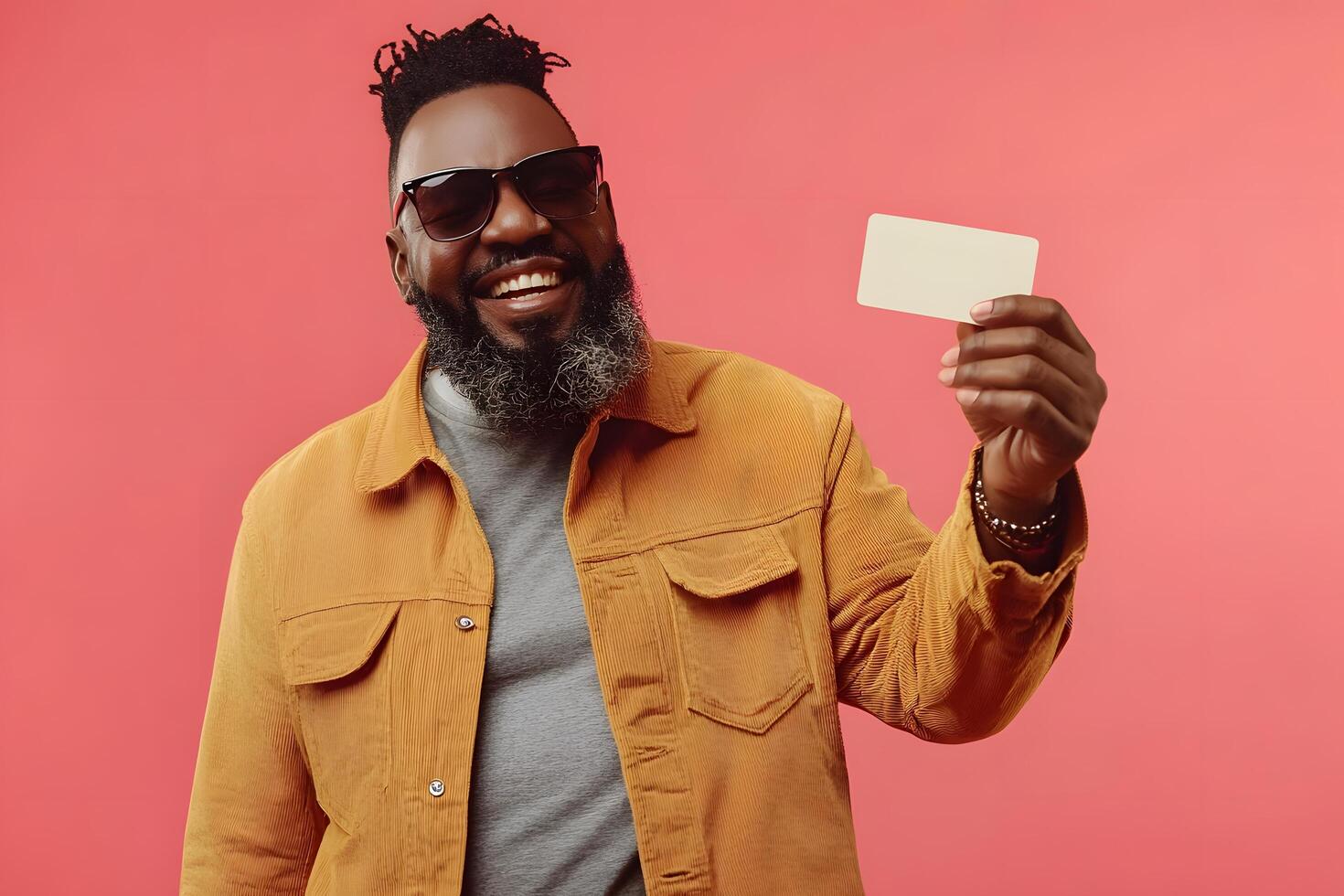 Happy Black Man Holding Blank Card Stylish Corduroy Jacket Pink Background photo
