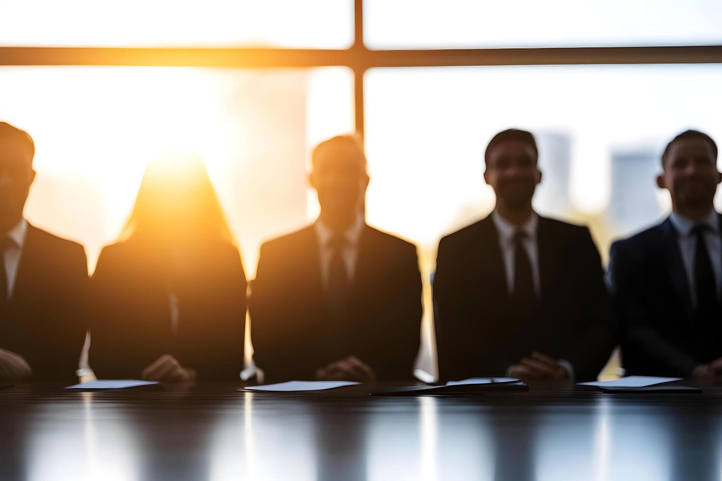 Silhouetted Business Professionals in Meeting Corporate Teamwork Sunlight Backlit photo
