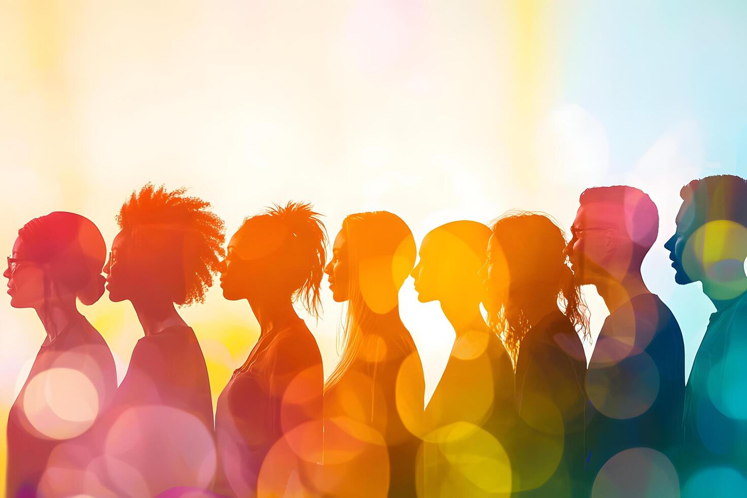 Diverse Group of Silhouettes Colorful Backlit Portraits Unity People Friendship photo
