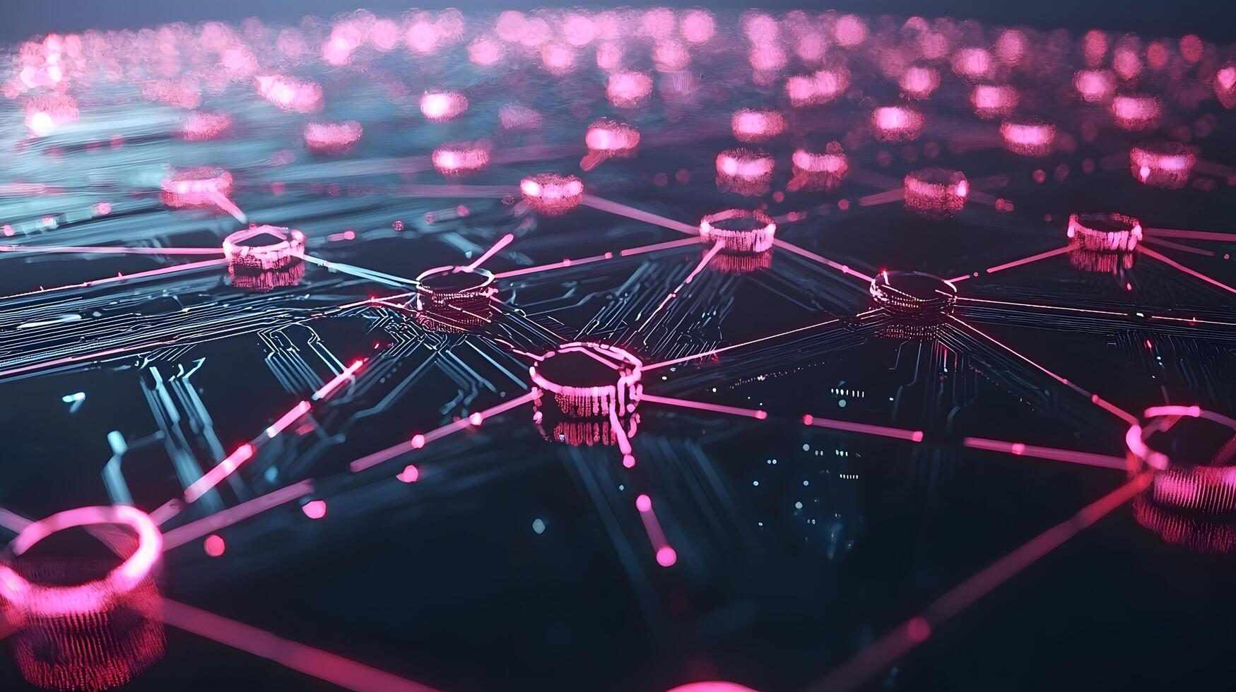 Abstract Network Data Flow Pink Nodes Connected on Futuristic Circuit Board photo
