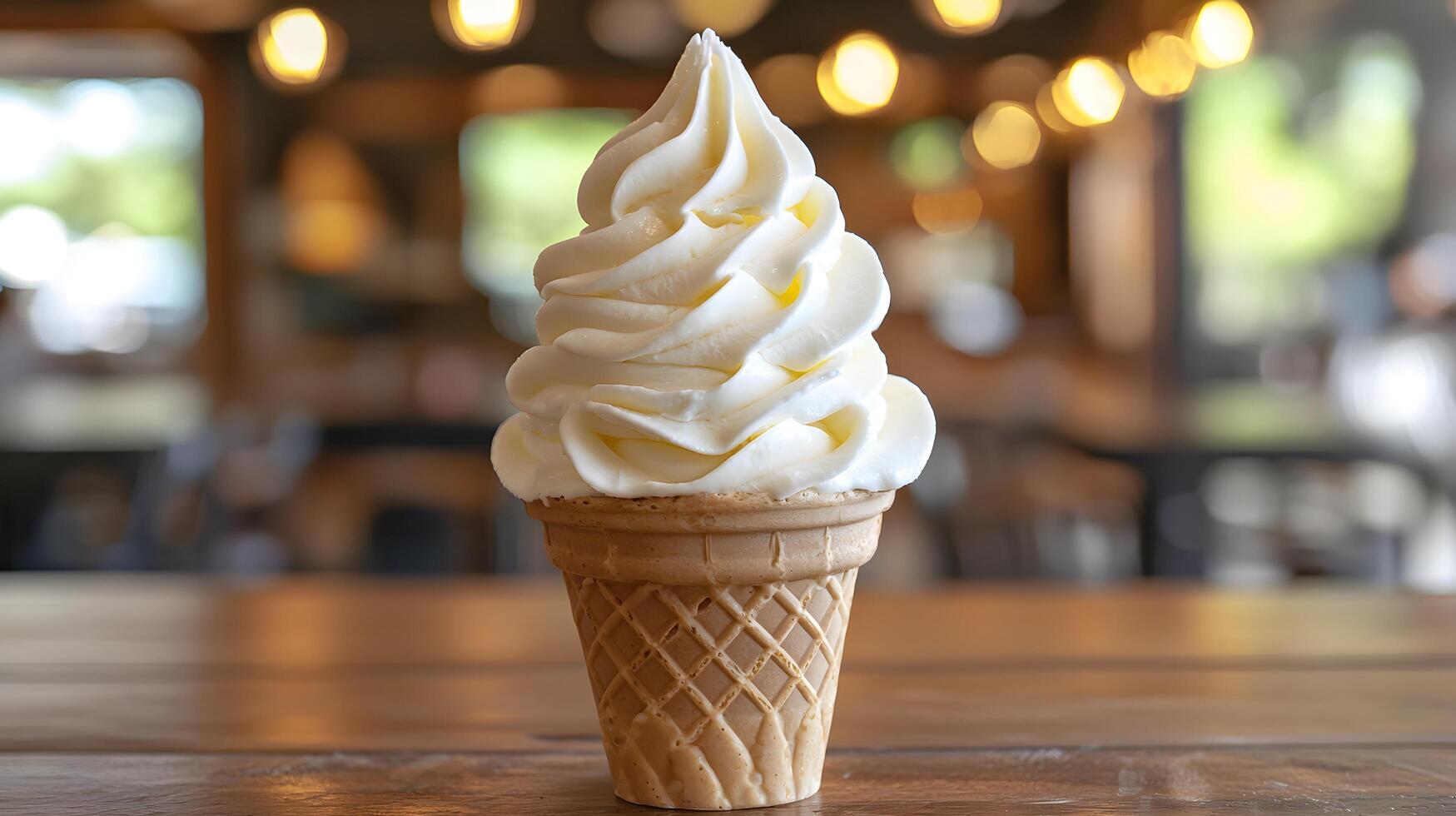 Creamy Vanilla Soft Serve Ice Cream Cone on Wooden Table in Cafe photo