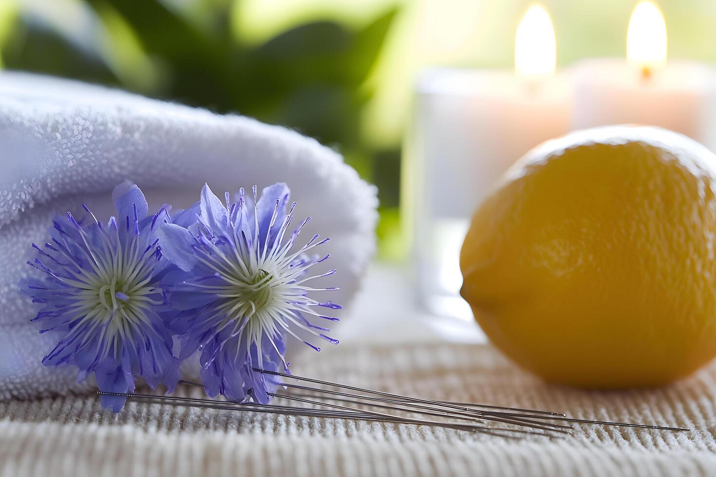 Serene Spa Setting Acupuncture Needles Lemon Flowers and Towels photo