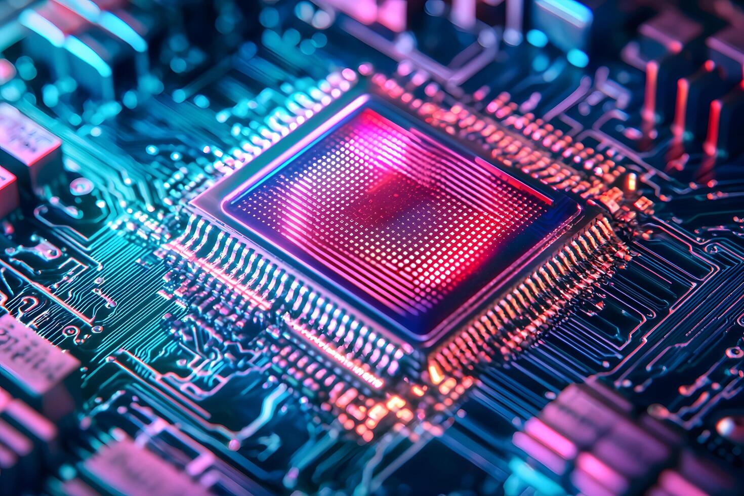 High Tech Microchip Close up Illuminated Circuit Board with Central Processing Unit photo