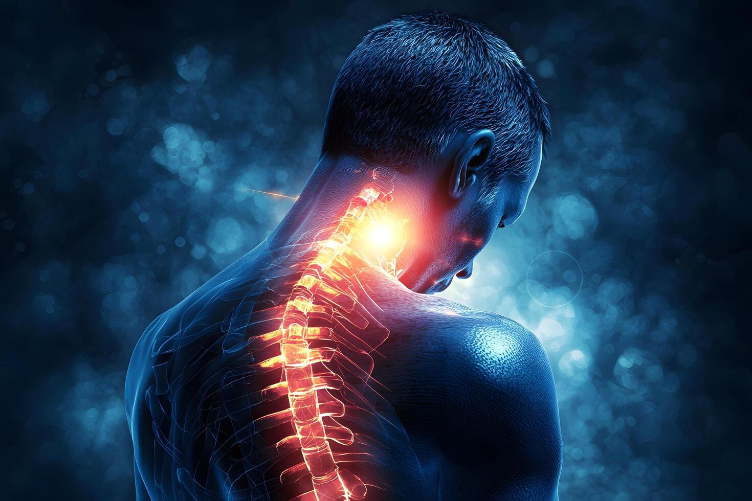 Male Anatomy Showing Severe Neck and Upper Spine Pain Illustration photo