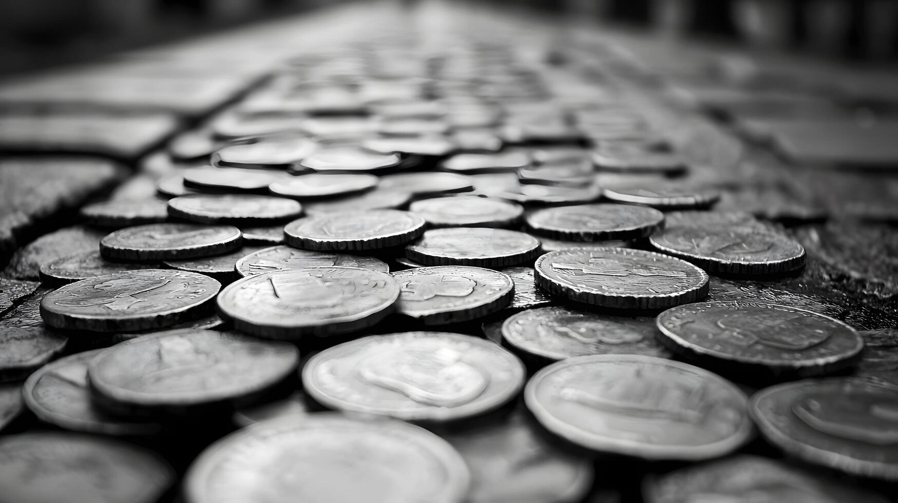 Numerous Silver Coins Scattered on a Dark Rough Surface Close Up View photo