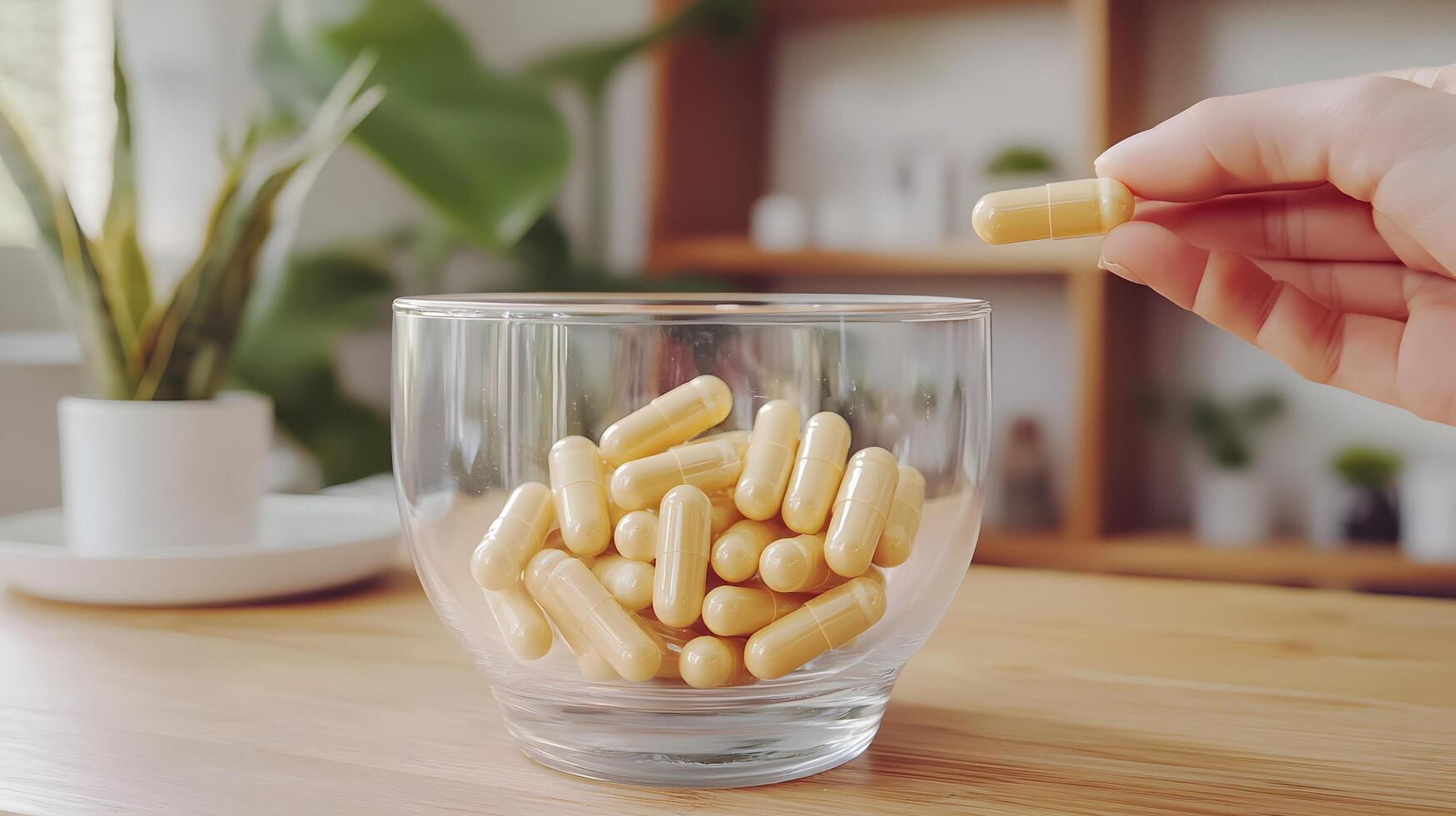 Hand Placing Capsule into Glass Bowl of Supplements Vitamins Healthcare Wellness photo