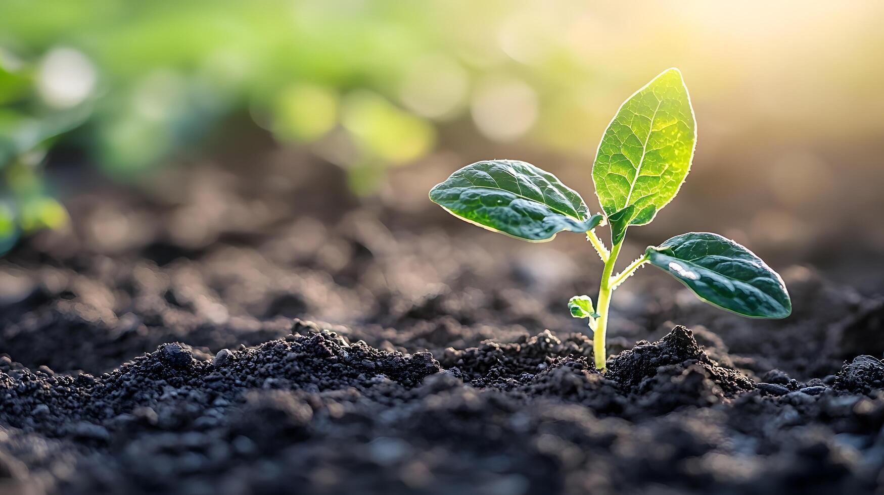 Young Plant Sprout Emerging from Dark Soil in Sunlight Growth and New Life Concept photo