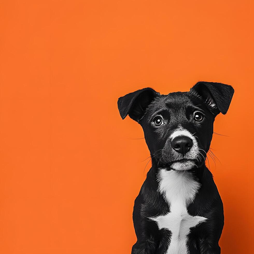 Adorable Black and White Puppy Portrait Against Vibrant Orange Background photo