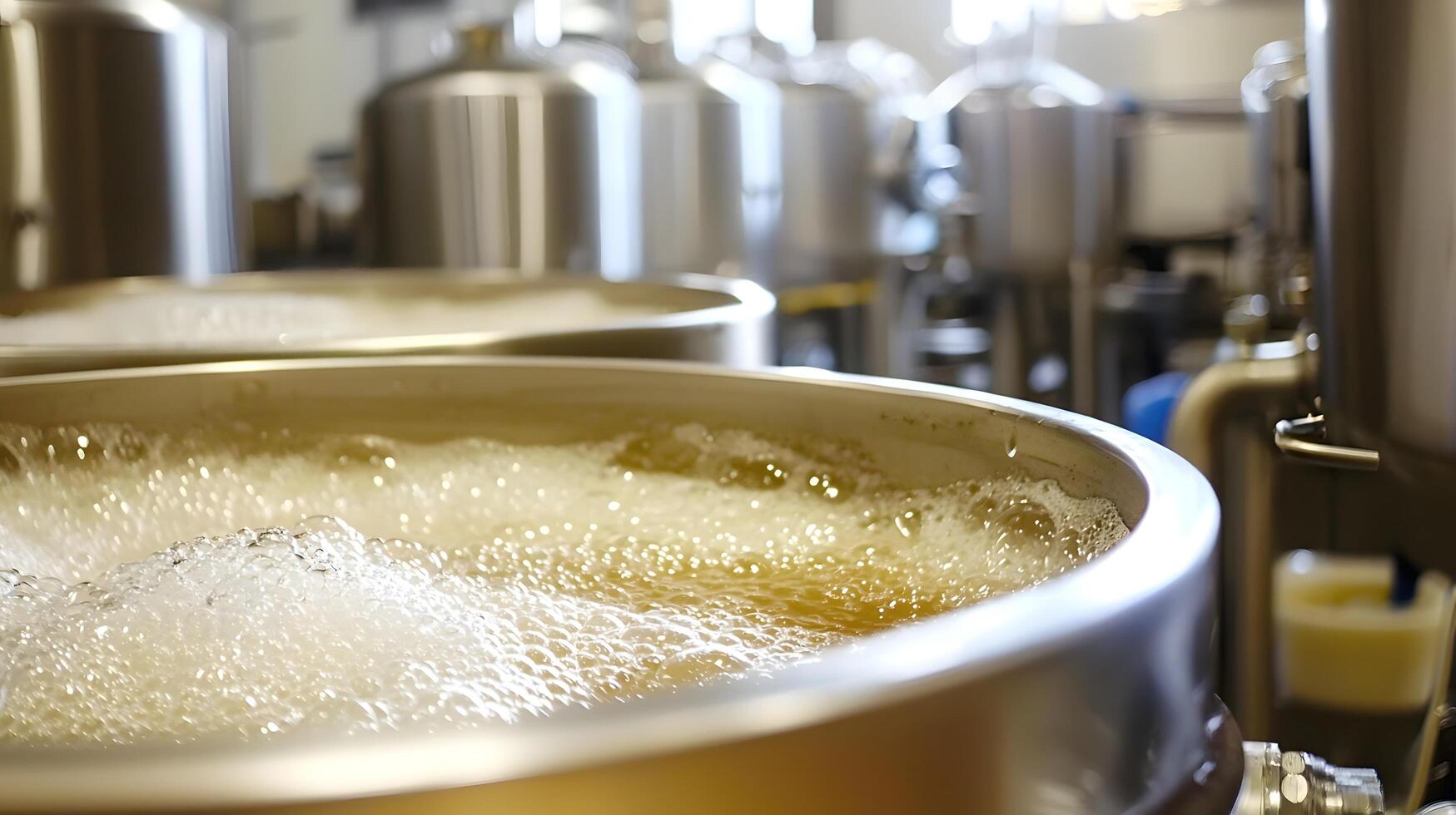 Craft Brewery Production Close up of Fermenting Beer in Stainless Steel Tanks photo