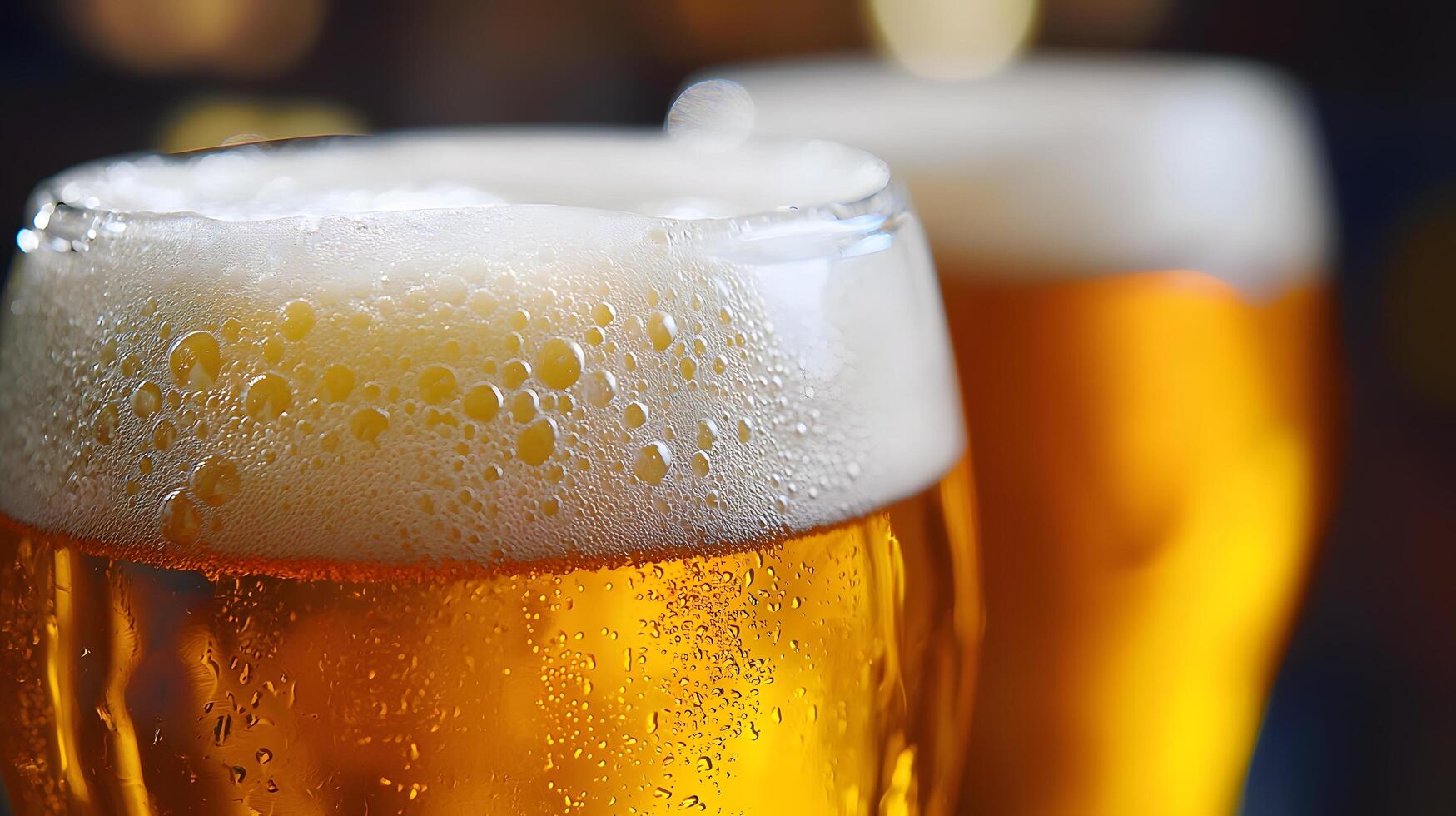 Close up of Two Frothy Glasses of Golden Beer Refreshing Drink Pub Scene photo