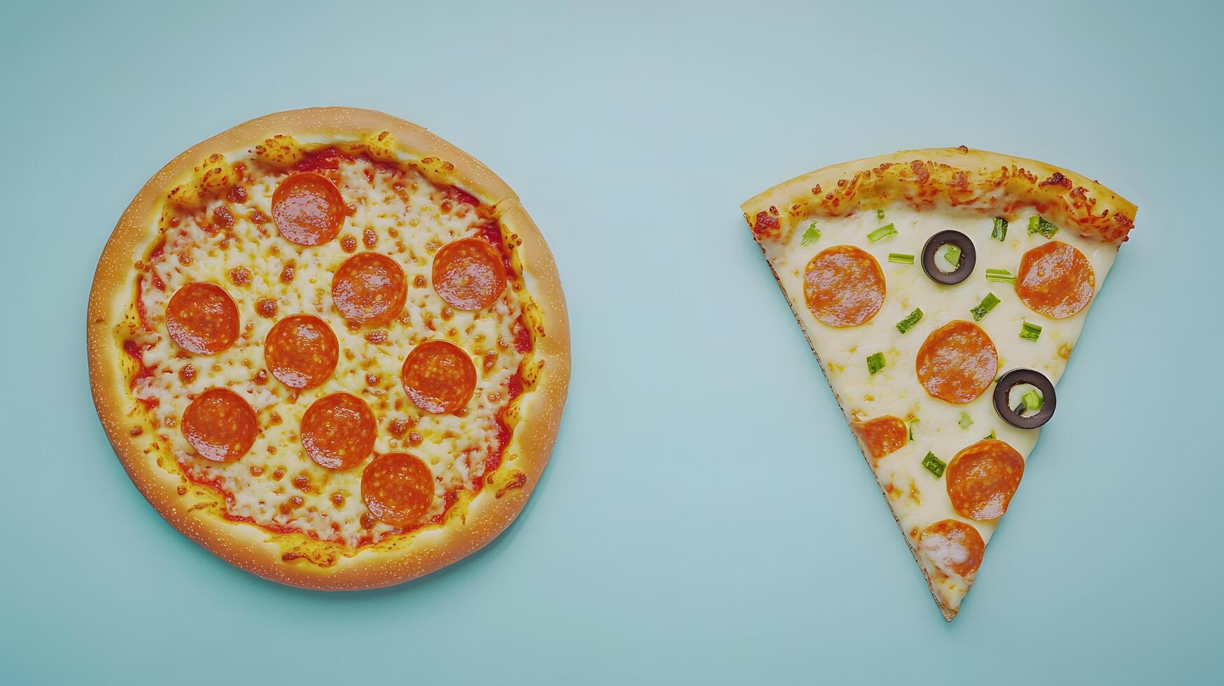 Delicious Pepperoni Pizza Whole and Slice on Blue Background Food Photography photo