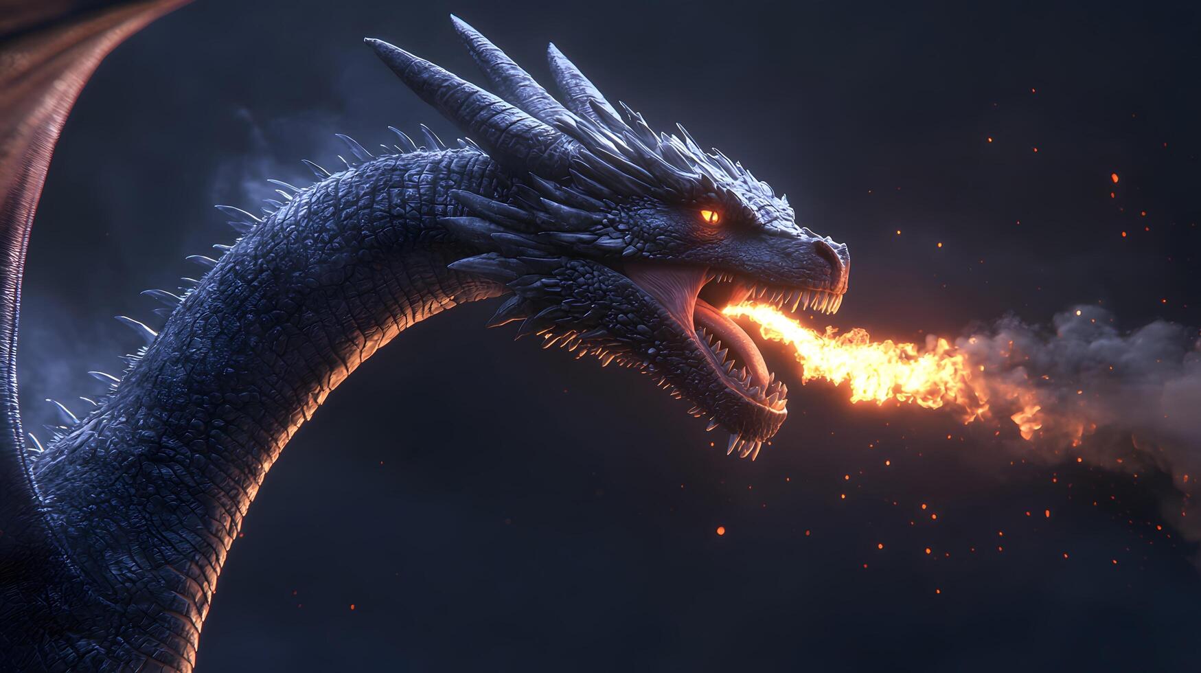 Majestic Fire Breathing Dragon Fantasy Creature Mythical Beast Digital Art Dark Background photo